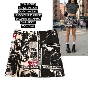 Y2K RARE BOB MARLEY NEWSPAPER GRAPHIC PRINT MINI SKIRT PAPER TAG  SIZE M/L
